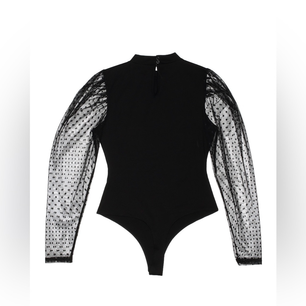 Lulus Black Mesh Polka Dot Sleeve Bodysuit Size S | Elegant Mock Neck Party Top